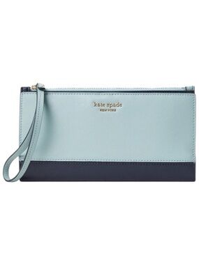 Kate Spade Spencer Continental Leather Wristlet Wallet Frosted Spearmint/Navy
